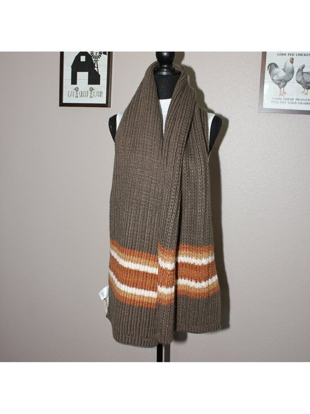 Duluth Trading Company Heavy Knitted Scarf Green Brown Orange 68X13 Thick NWT